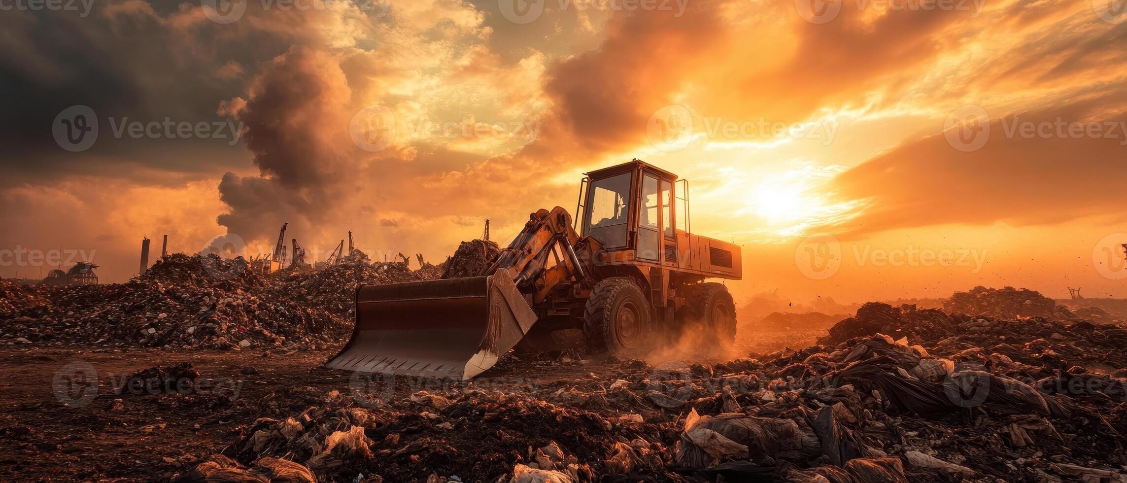 A bulldozer operates on a waste site under a dramatic sunset, emphasizing the contrast between industry and nature. photo