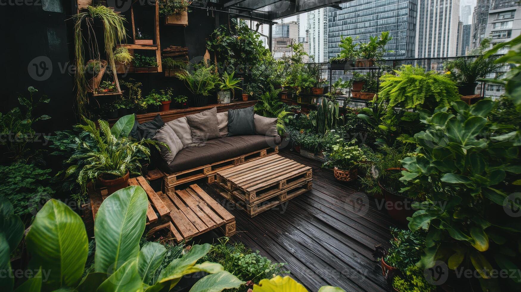 A lush, green balcony garden featuring cozy seating and a variety of plants, creating an inviting and tranquil atmosphere. photo