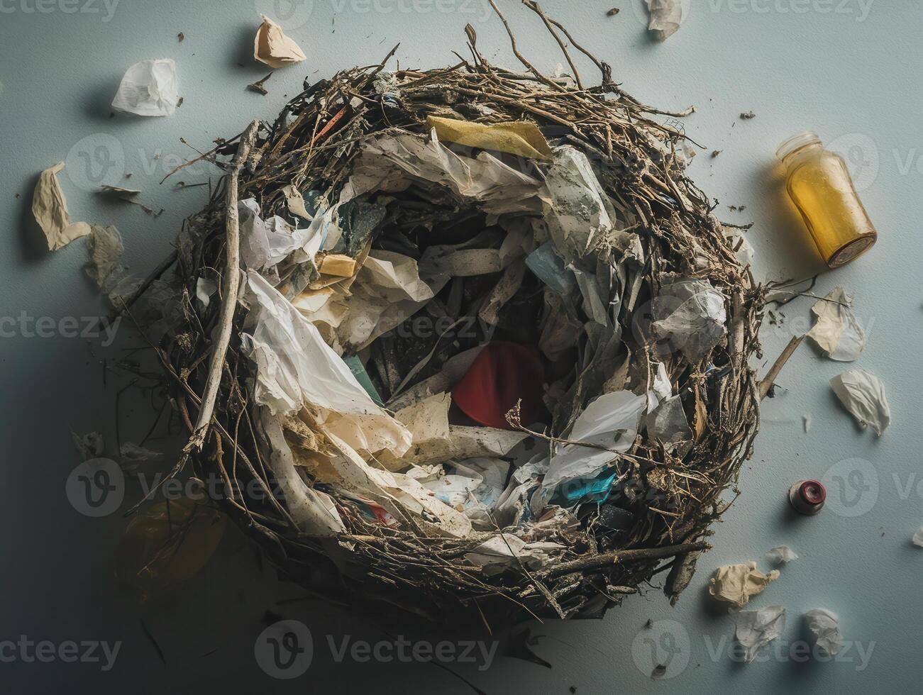 A nest made of litter and debris, symbolizing environmental pollution and waste accumulation. photo