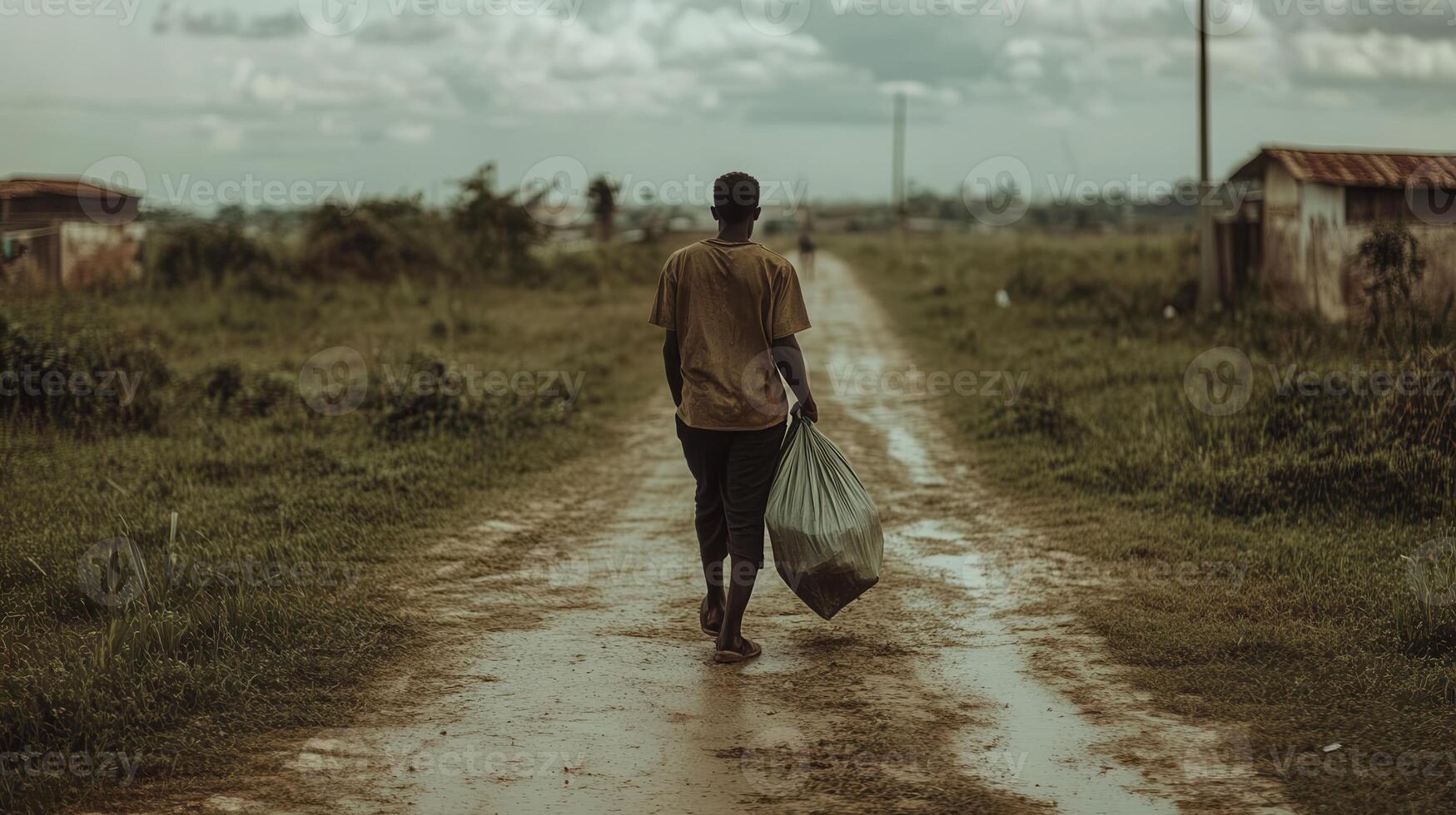 A person walks down a muddy path carrying a bag, surrounded by a rural landscape under a cloudy sky. photo