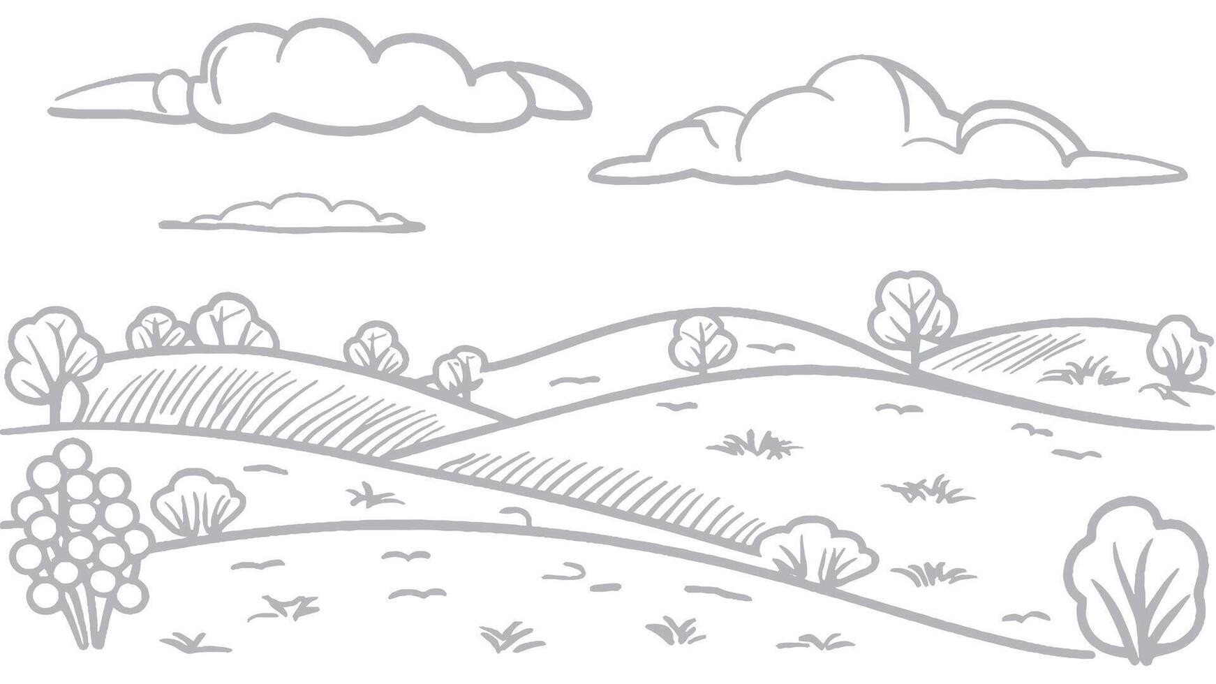 Hand-Drawn Landscape of Rolling Hills and Clouds vector