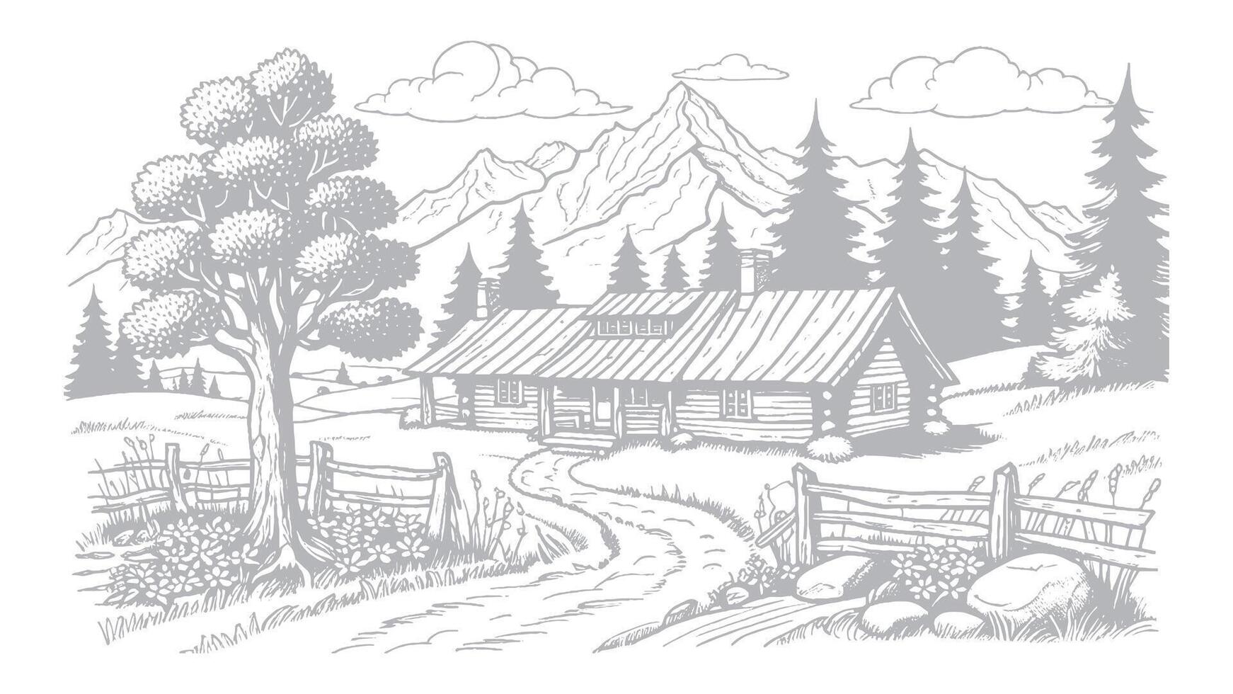 Rustic Cabin in the Mountains Hand-drawn Illustration vector