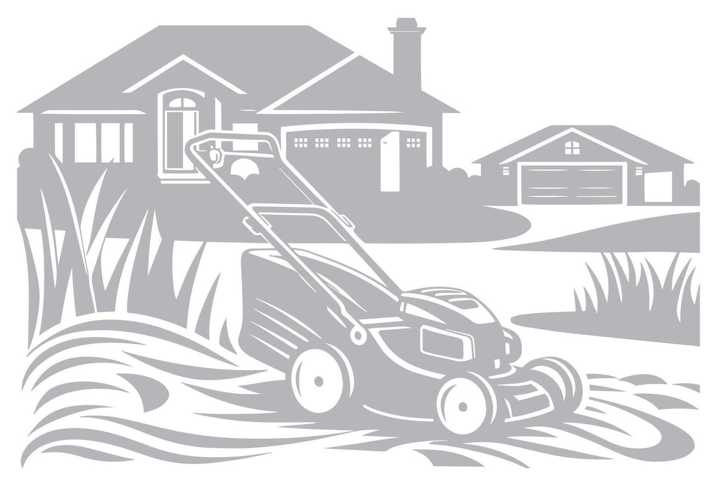 Lawn Mower in Front of a House Design Illustration vector