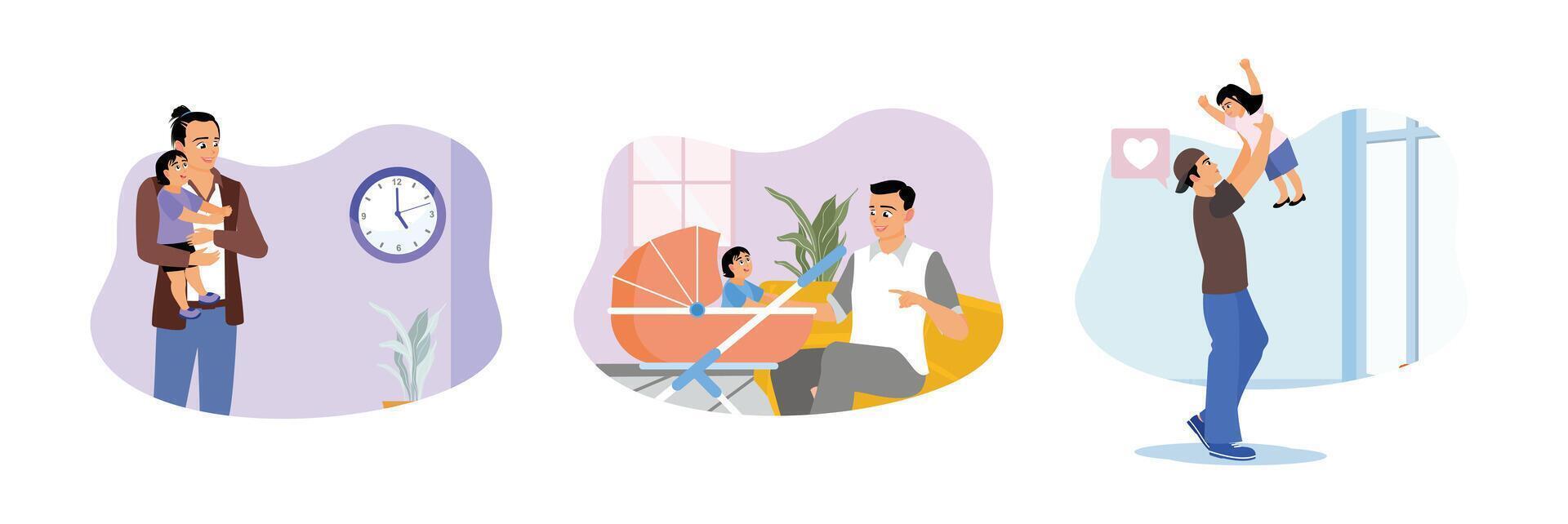 A single father on maternity leave raising children and playing with toddlers. vector