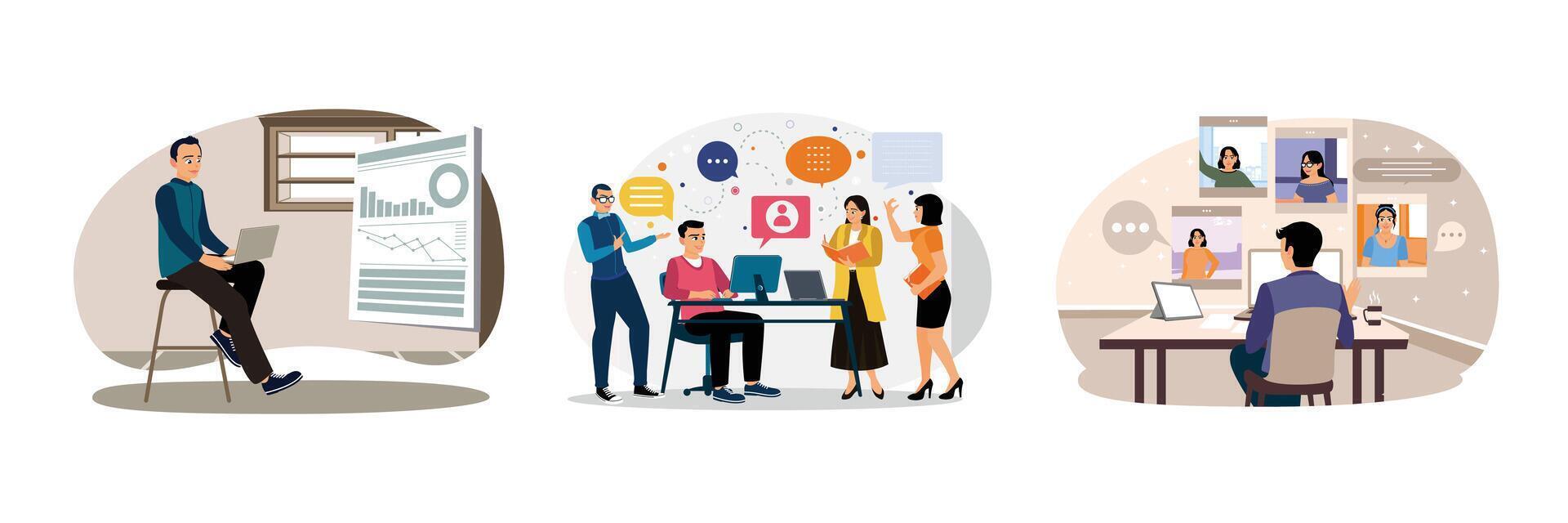 A group of business people discuss online using computers via calls with clients and partners. vector