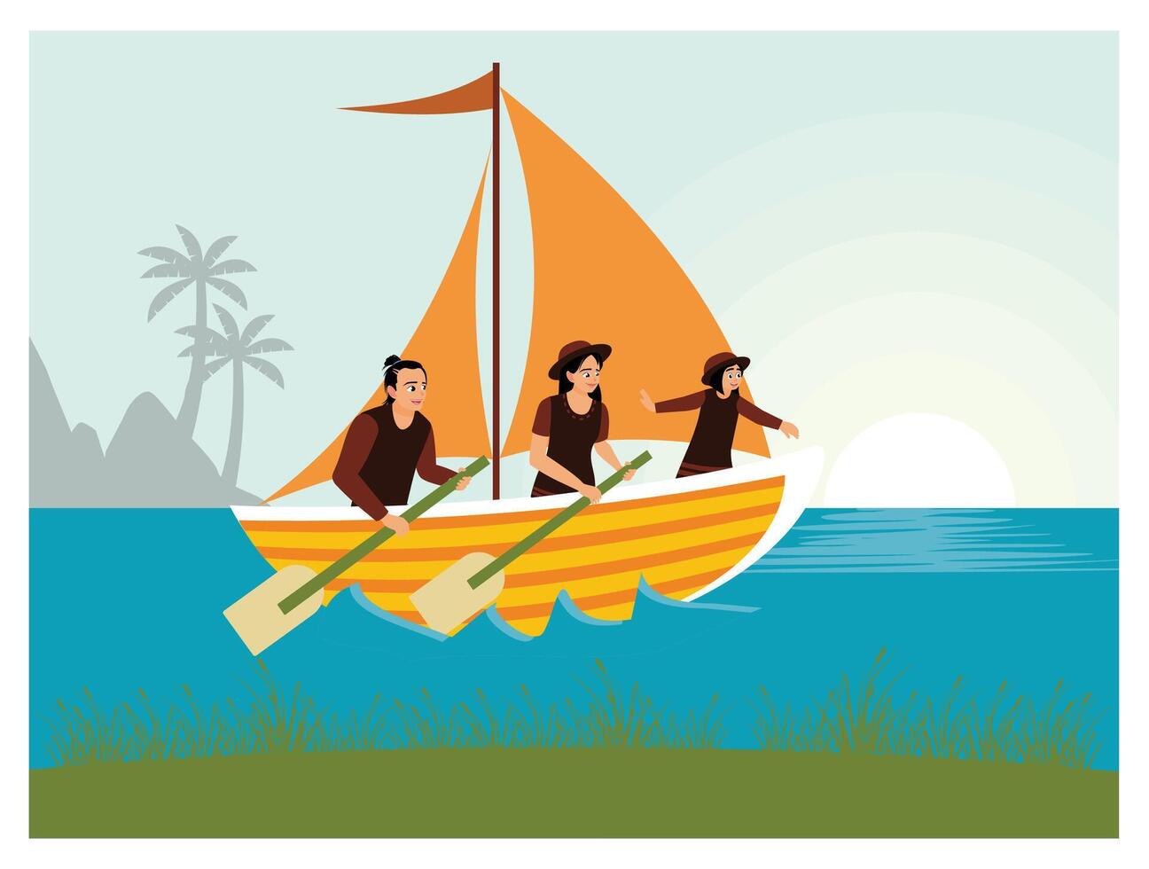 Family Group Sailing Under the Sunset Rowing a Sailboat with Tropical Background. vector