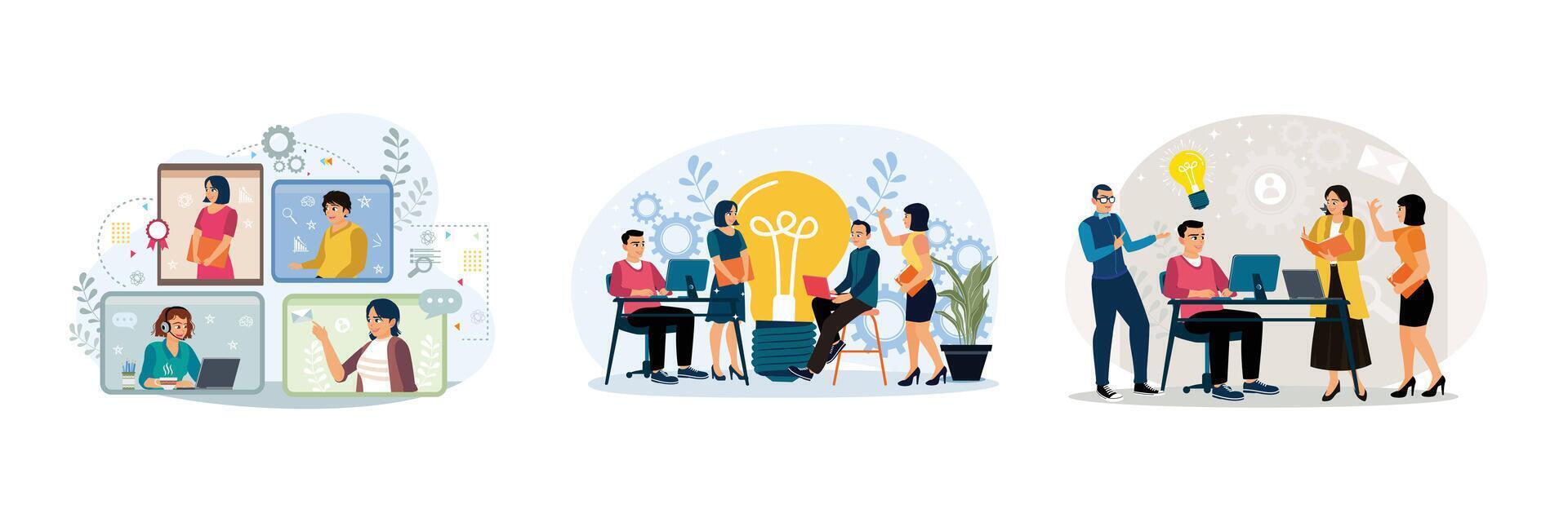 Company employees hold meetings, plan tasks, and share ideas. vector