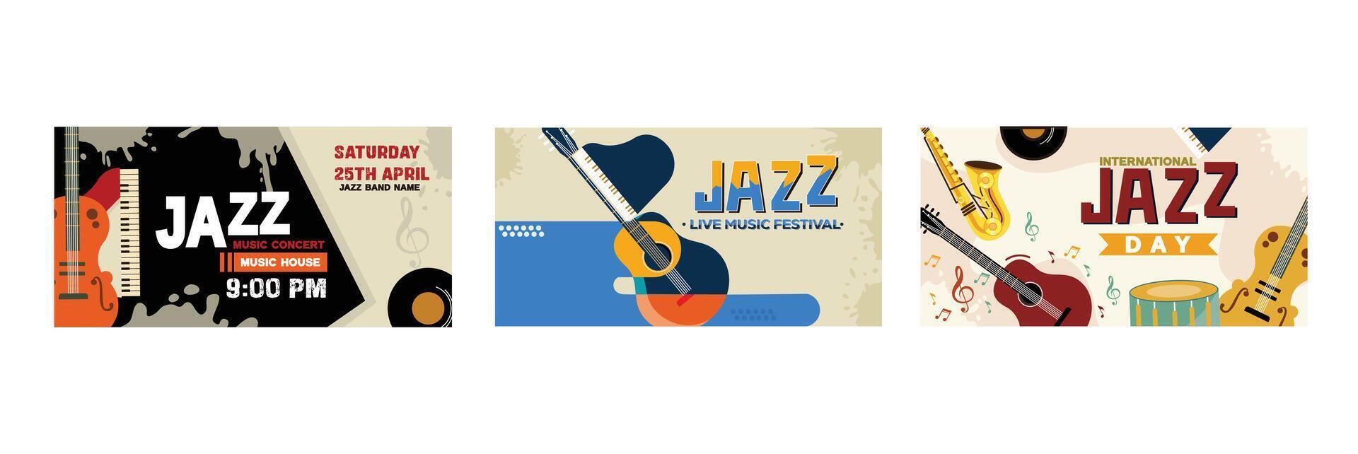 Jazz music concert poster with guitar, saxophone, drums, piano and musical notes. vector
