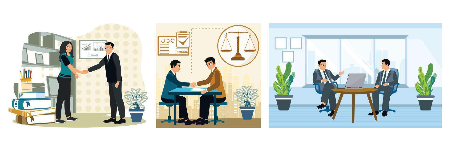 Two businessmen collaborating in the office, shaking hands, discussing to reach a business deal. vector