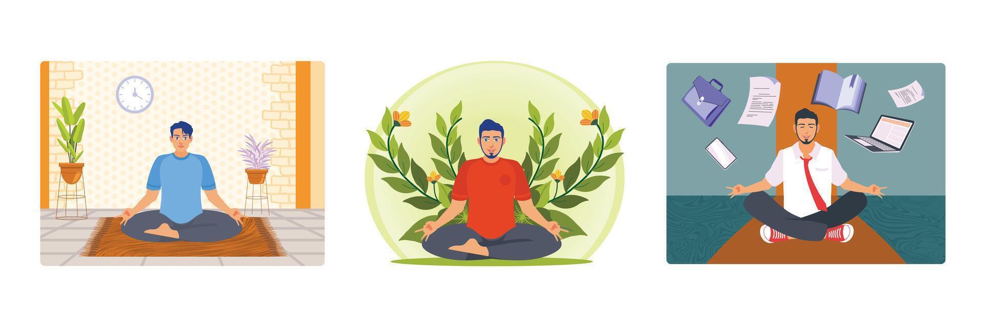 Man Practicing Meditation Indoor. Man Meditating with Plants. Businessman Practicing Yoga. vector