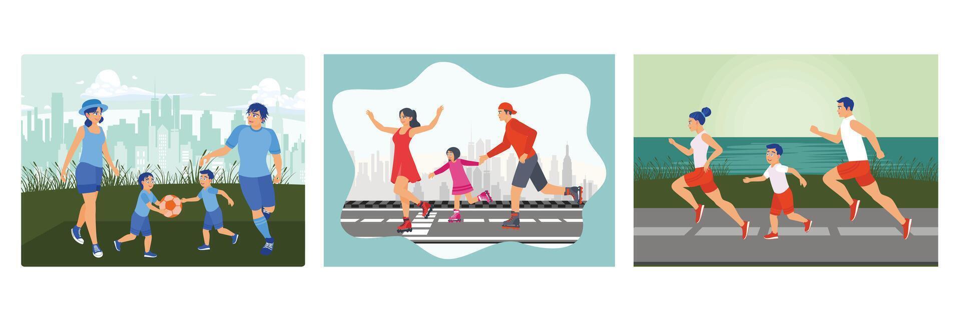 Family Playing Soccer. Happy Family Enjoying Roller Skating. Jogging Together Near a Lake. vector