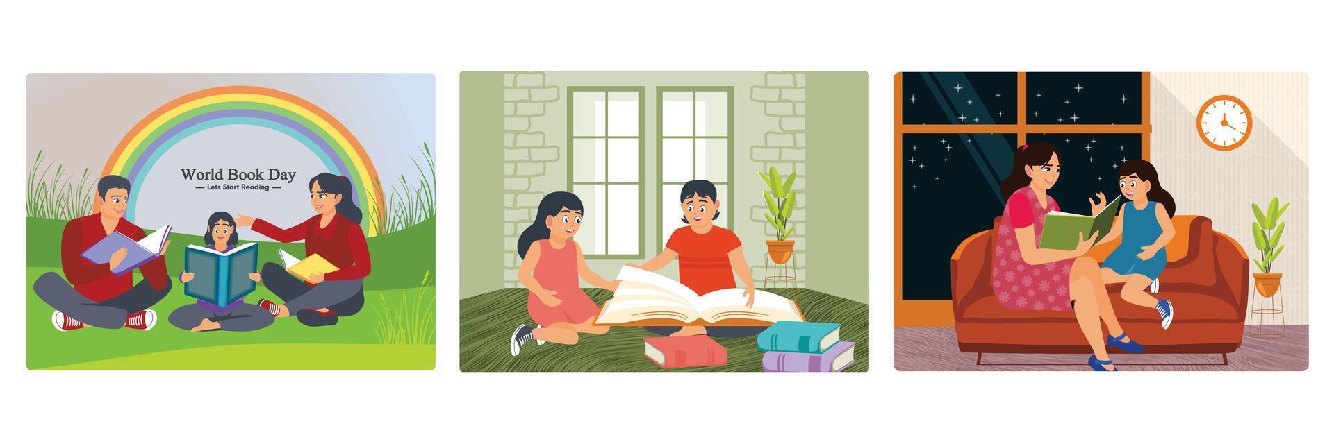 Family Reading Together Outdoors. Kids Reading Books Together. Mother Reads a Story to Her Daughter. vector