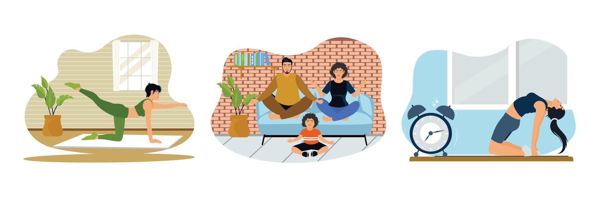 Fitness and health. Happy family doing yoga.Doing morning aerobics and meditation at home. vector