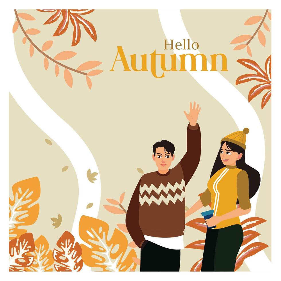 Young couple enjoying autumn season amid colorful falling leaves. vector
