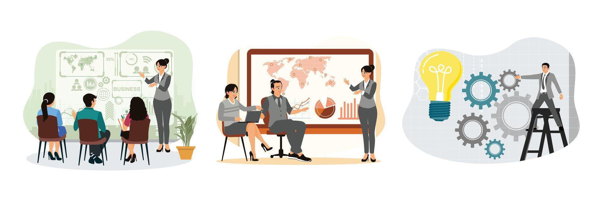 Businesswoman discussing with colleagues discussing statistical data to improve performance. vector