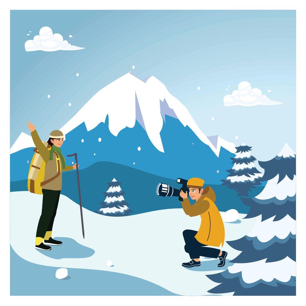 A pair of climbers take a photo while hiking in winter. vector