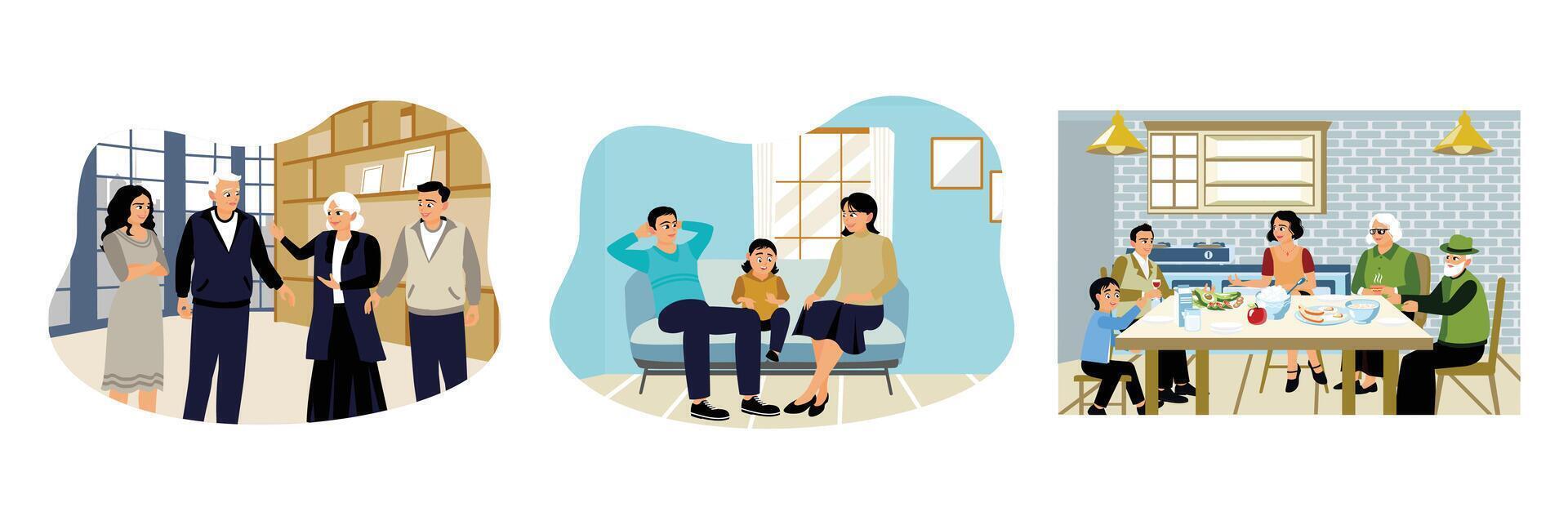 Family members sit together and spend free time at home. vector