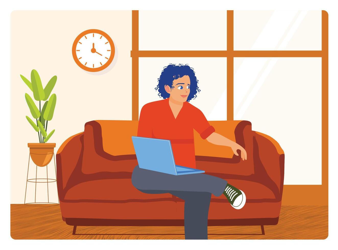 Young Man Relaxing at Home While Working with Laptop on Sofa. vector