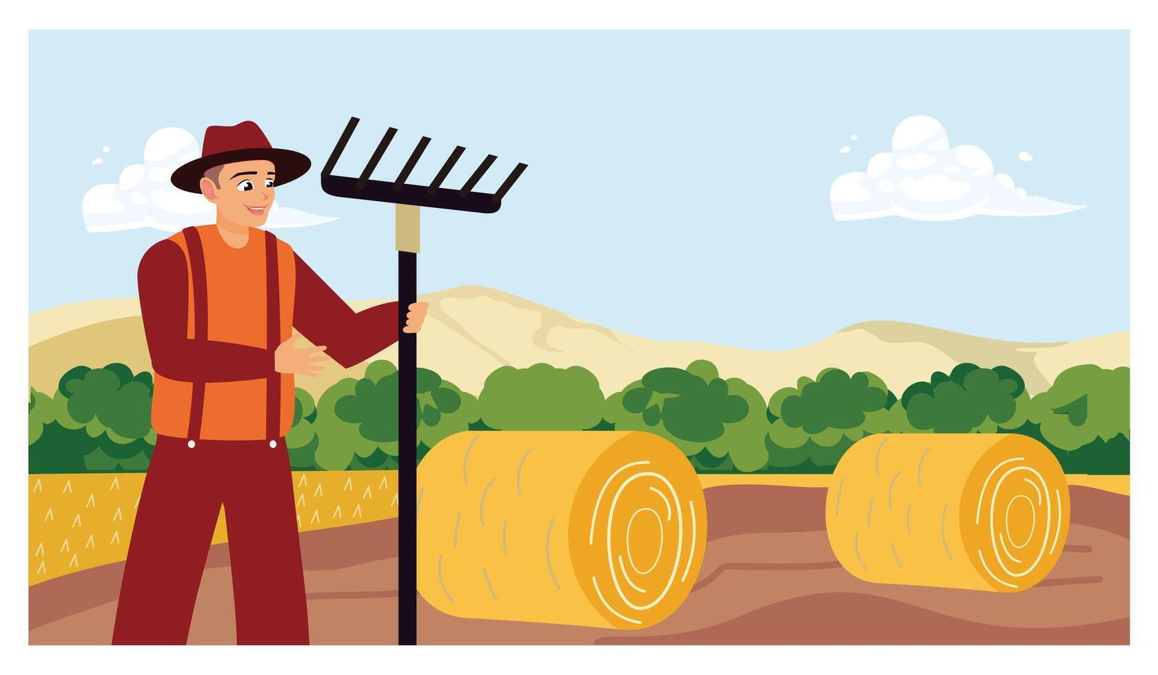 Farmer standing in a field with hay bales and farming tools. vector
