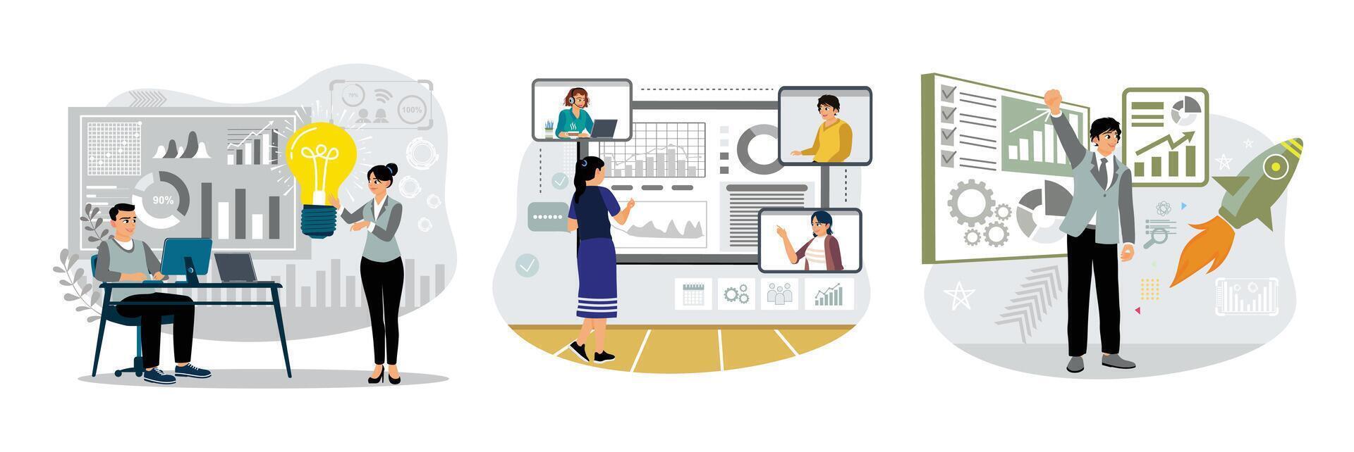 Entrepreneurs hold meetings with coworkers to start businesses, analyze data, and achieve targets. vector