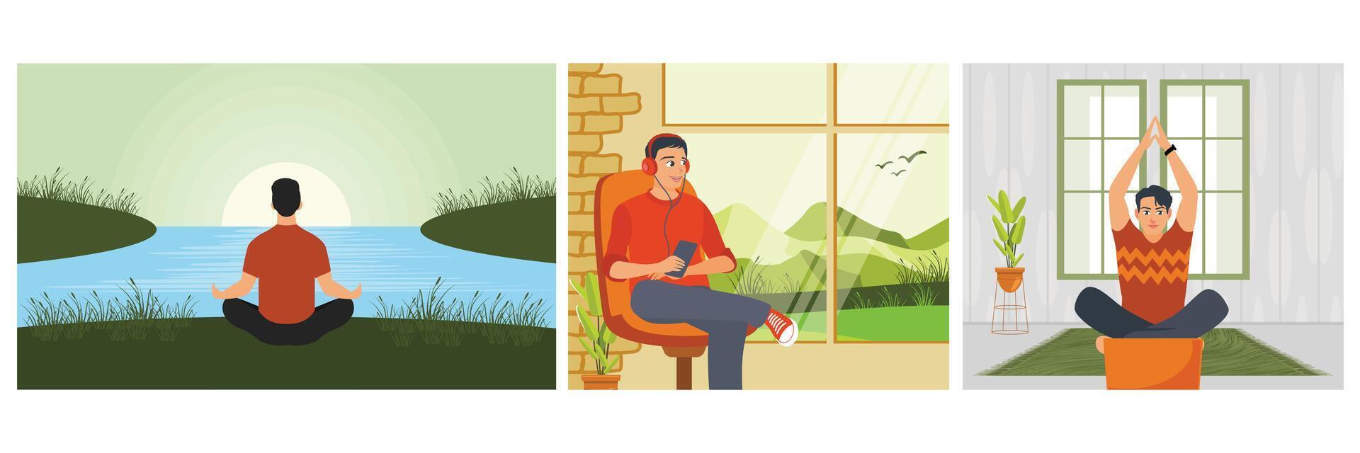 Man Meditating Near River. Young Man Relaxing With Headphones. Guy with Smart Watch Doing Yoga. vector