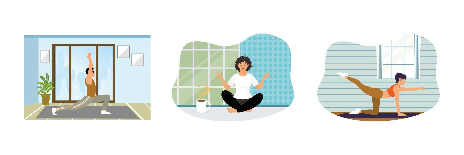 People practice yoga, sitting in the lotus position, practicing balance and breathing. vector