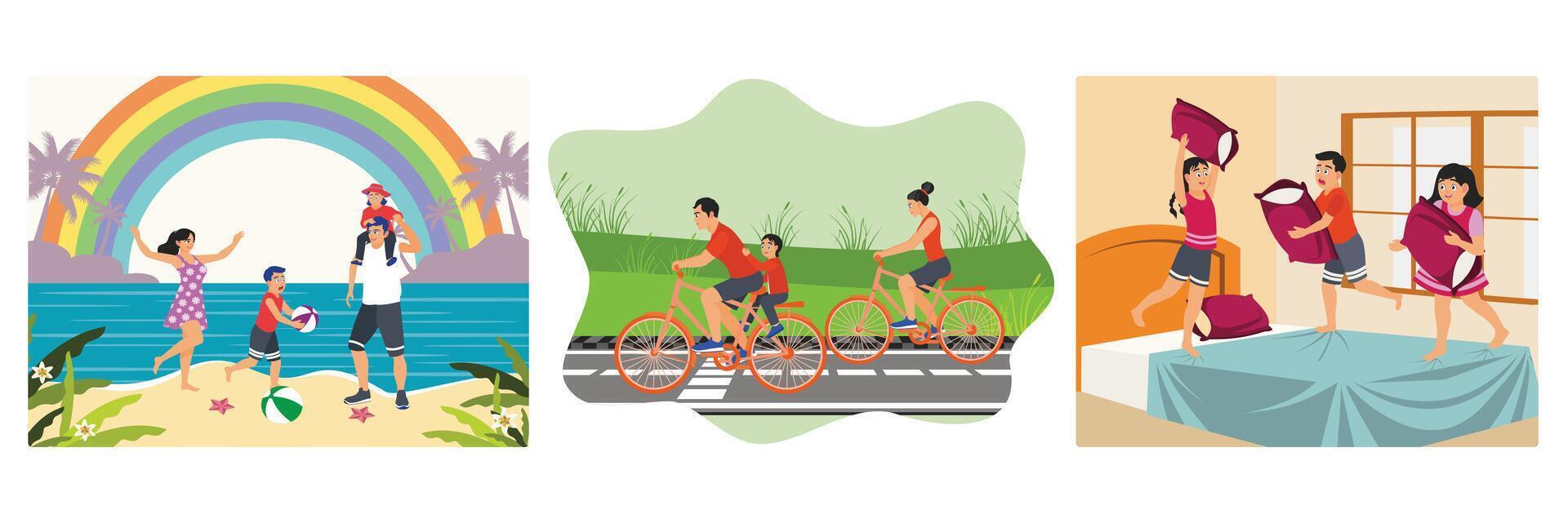 A Family Playing Beach Games. Family Enjoying a Bike Ride Together. Kids Enjoying a Pillow Fight. vector