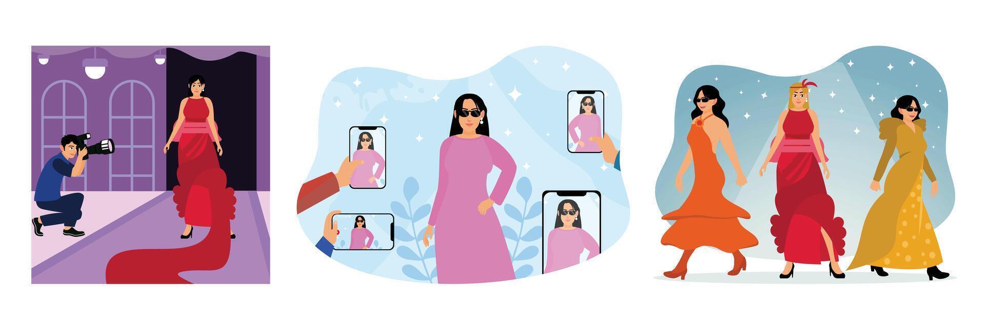Fashion show with a female model posing on the catwalk as reporters take photos. vector