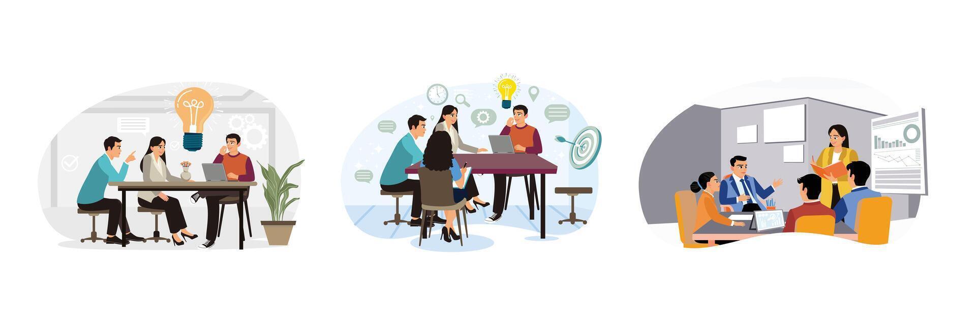 A group of employees are having a meeting and sharing ideas in a conference room. vector