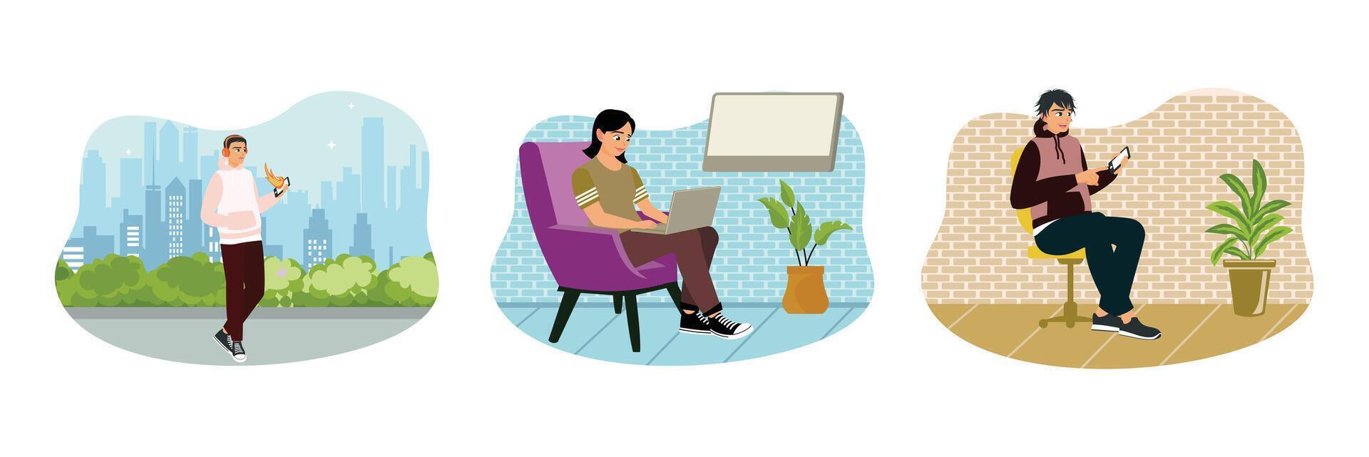 People spend time online by surfing the internet using electronic devices. vector