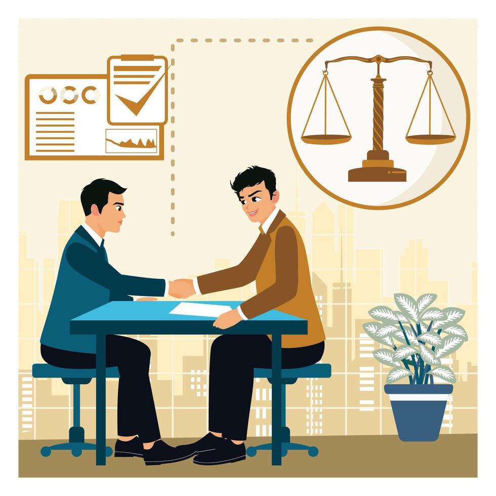 Business partners shaking hands at office desk representing agreement or deal. vector