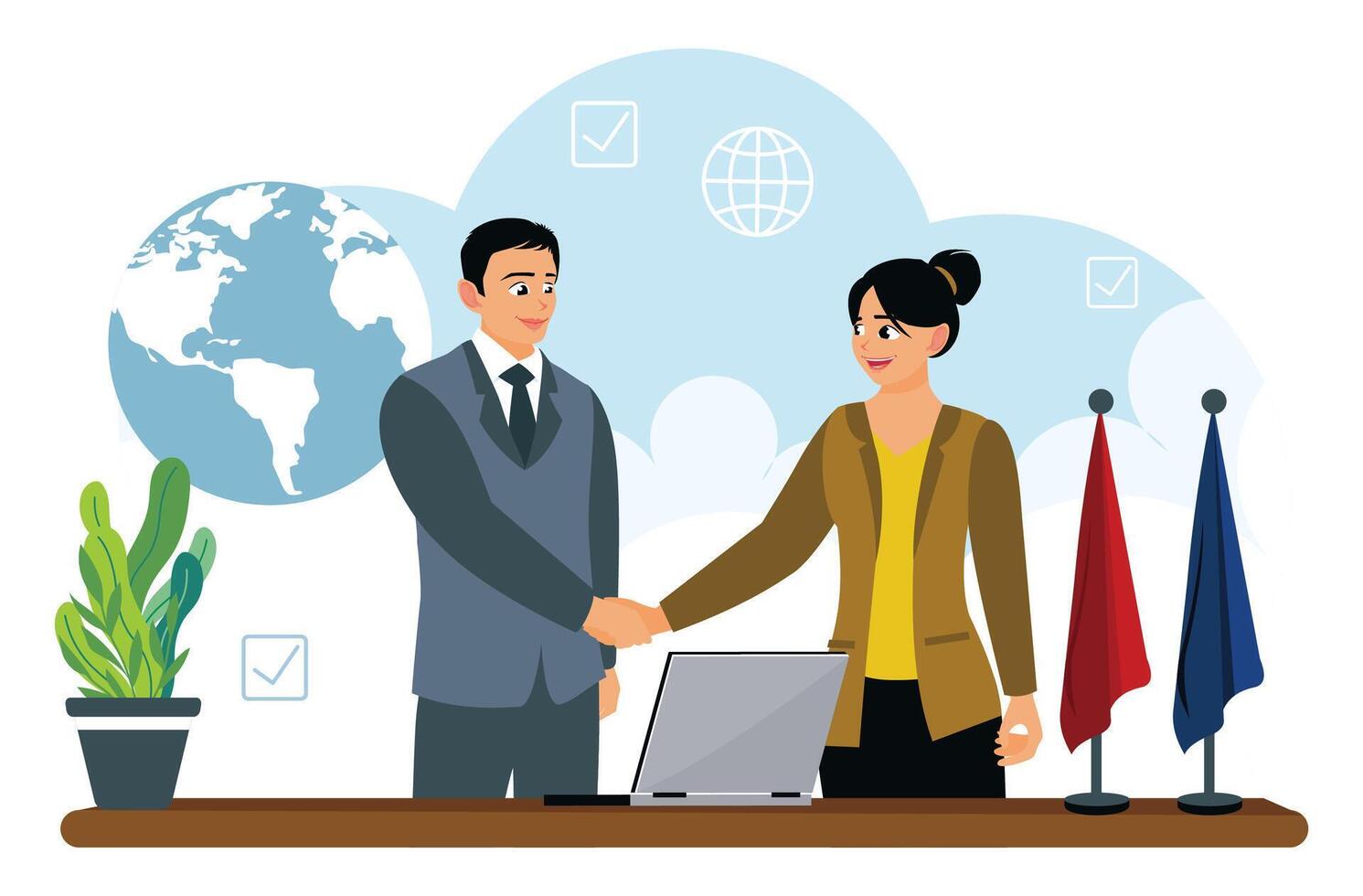 International cooperation between entrepreneurs in the world. vector