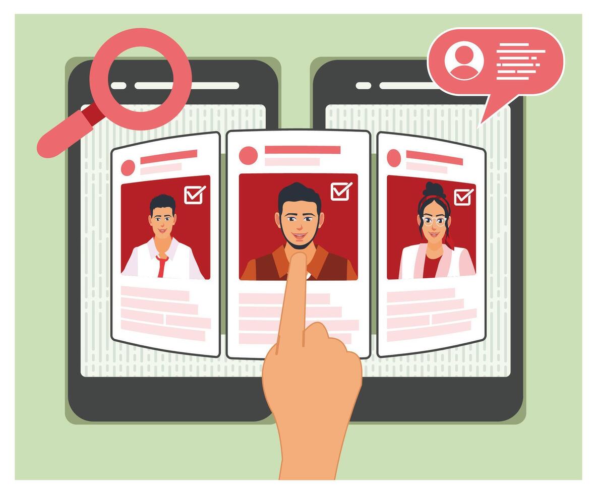 Online Profile Selection and Hiring Process, Hands Choose Digital CV of Work Applicants. vector