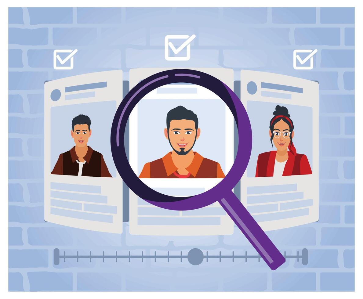 Magnifying Glass Highlighting Candidate Profiles Choice of Worker for Recruitment Concept. vector
