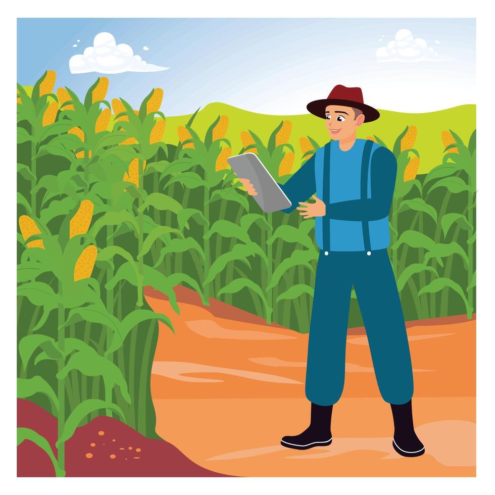 Modern farmers in corn fields, using tablets to monitor agricultural output. vector