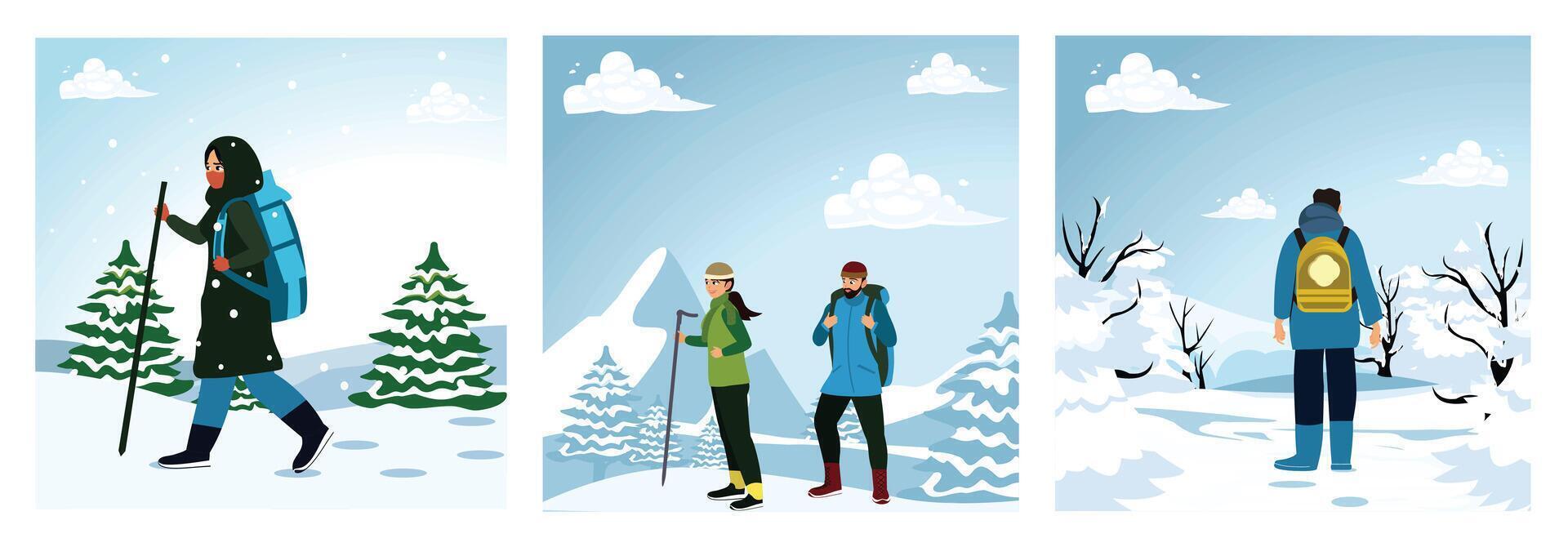 Mountain climbers in winter clothes and backpacks, walking in deep snow, among snow-covered trees. vector