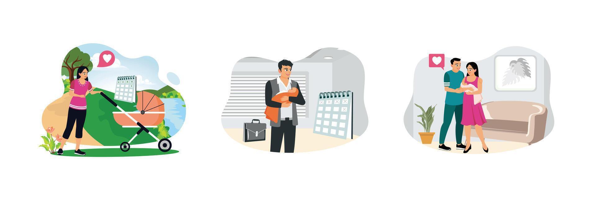 The parental leave concept features happy parents and a newborn baby. vector