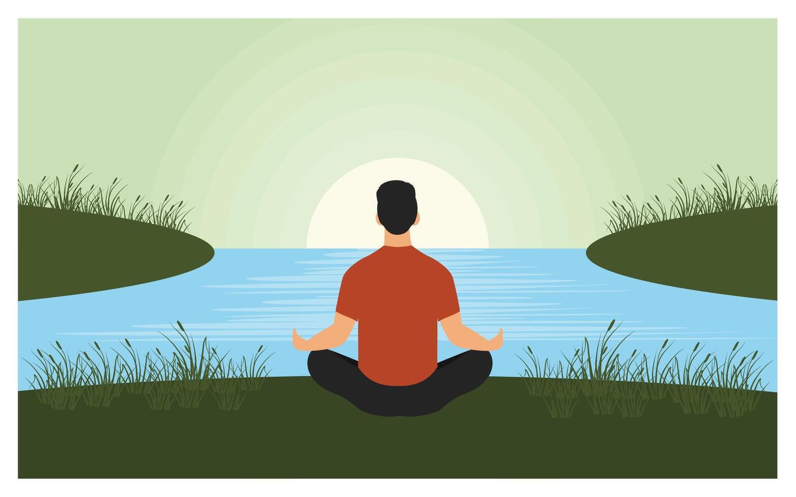 Man Meditating Near River at Peaceful Sunrise, Back View. vector