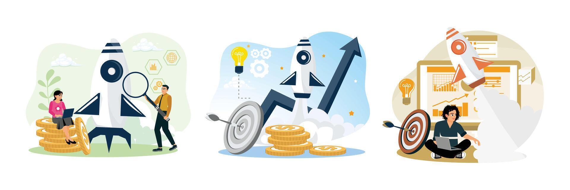 Business growth concept.rocket launch pile of money and creative ideas. vector