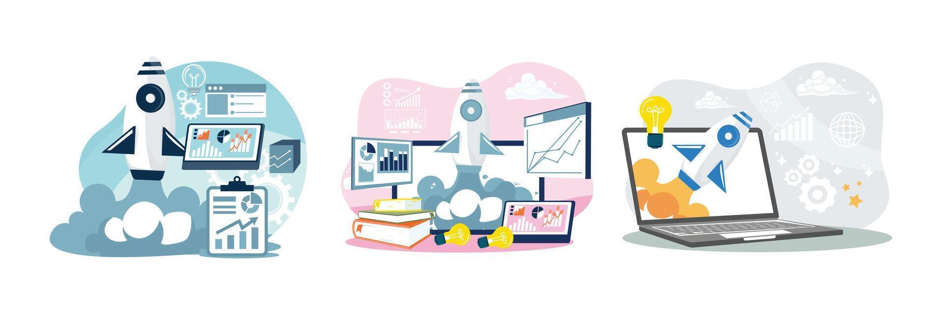Starting a new business with rocket launches, growth charts, diagrams and light bulbs. vector
