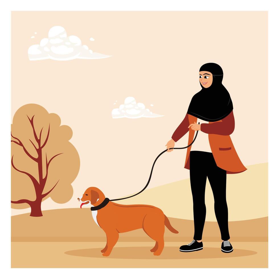 Hijab-wearing woman walking with dog in park in autumn. vector