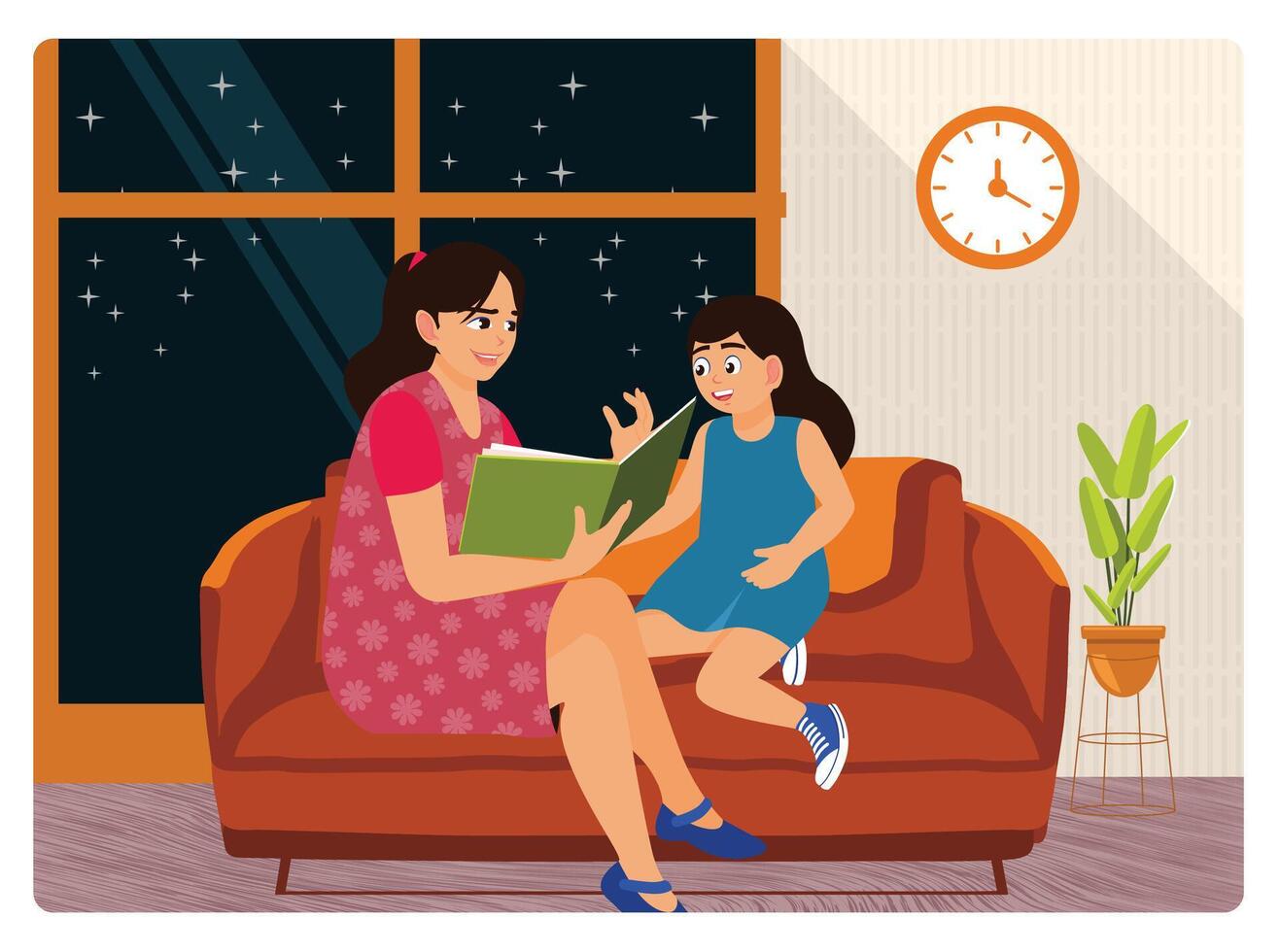 Mother Read Bedtime Story to Her Daughter on the Couch in Cozy Nighttime Scene. vector