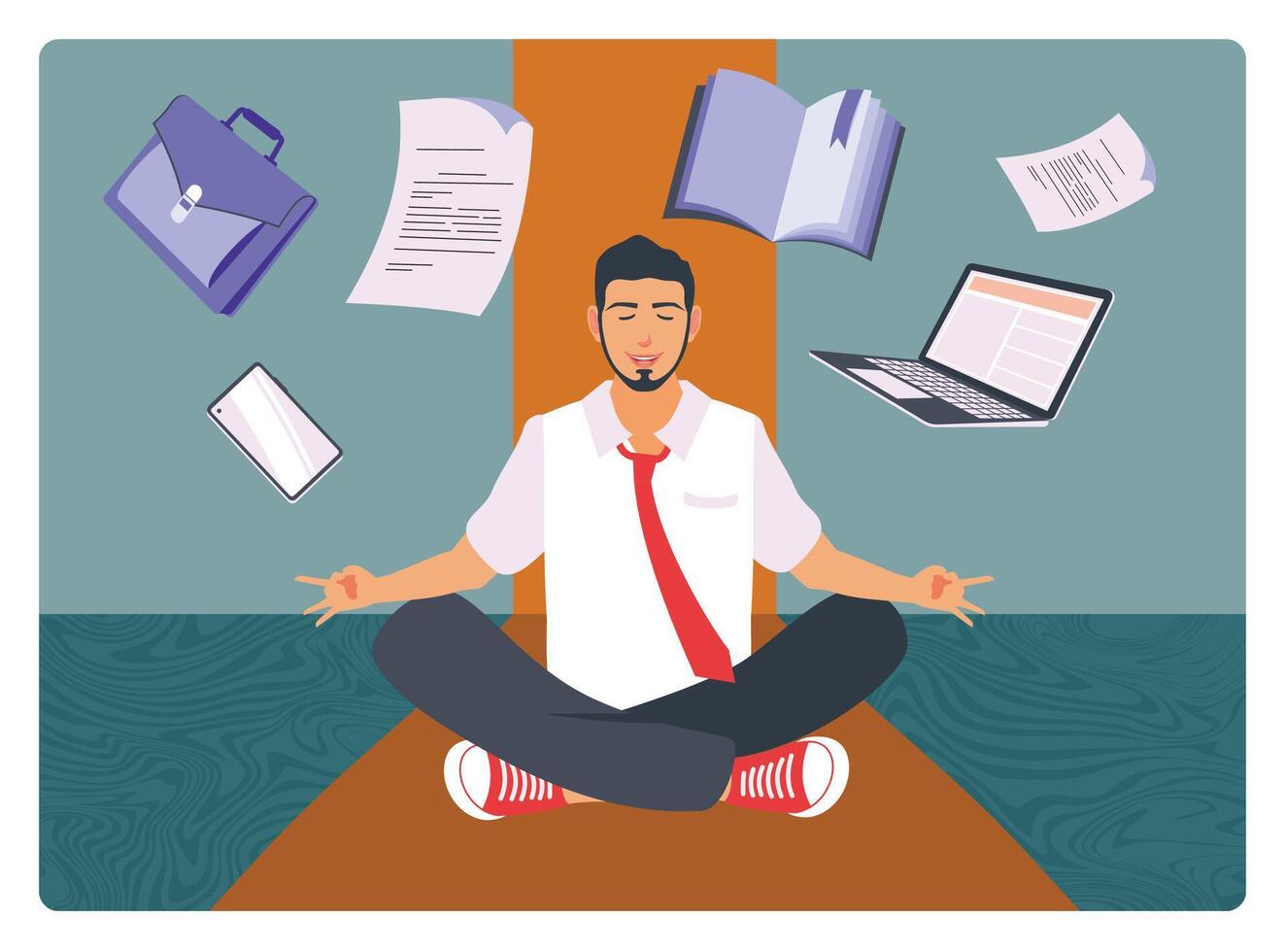 Businessman Practicing Yoga with Flying Around Documents, Phone, Laptop Flying Around Him. vector