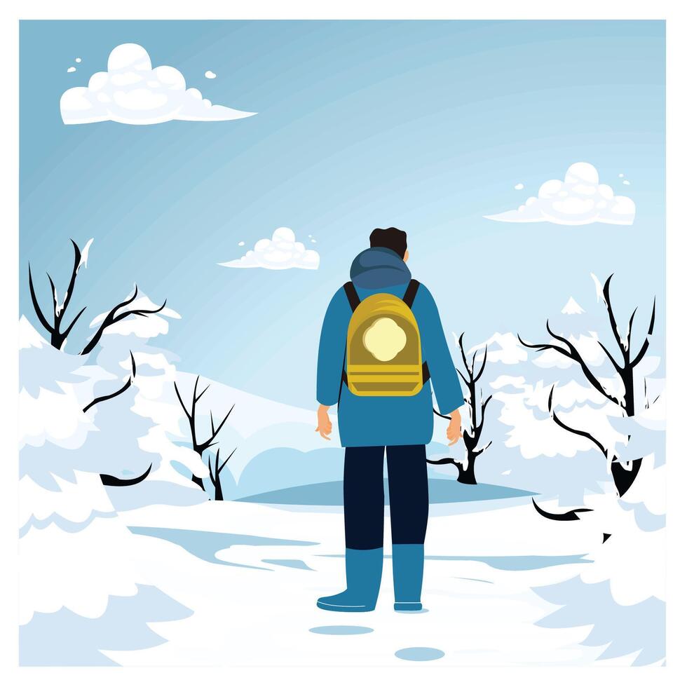 A man in winter clothes walks through the snowy trees. vector