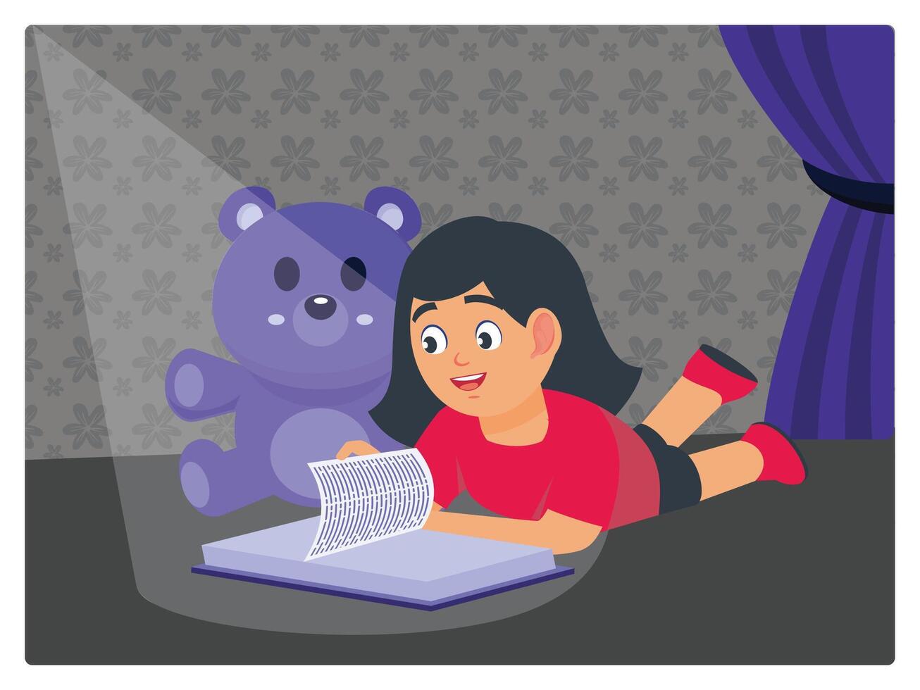 A Little Girl Reading a Book While Relaxing in the Dark Home Near Her Teddy Bear. vector