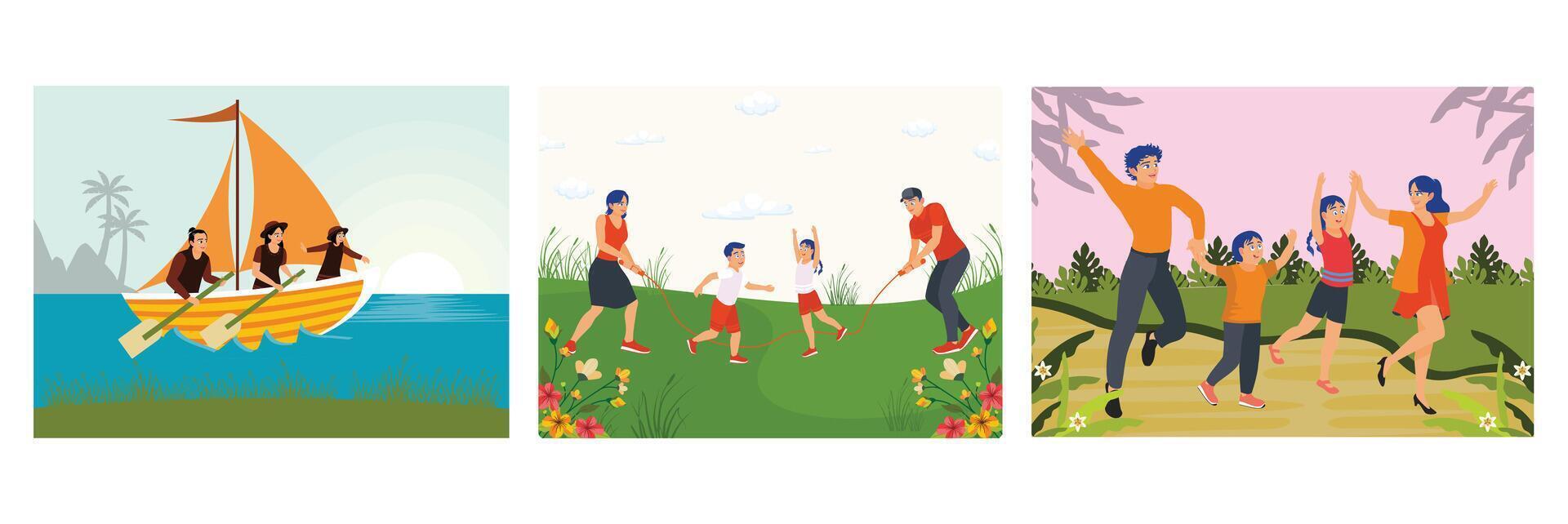 A Family Sailing Rowing a Sailboat. Happy Family Playing Jump Rope. Enjoying Outdoor Time Together. vector