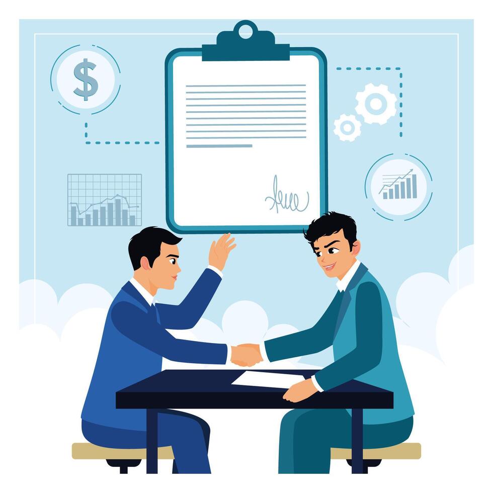 Two businessmen finalizing an agreement through a handshake. vector