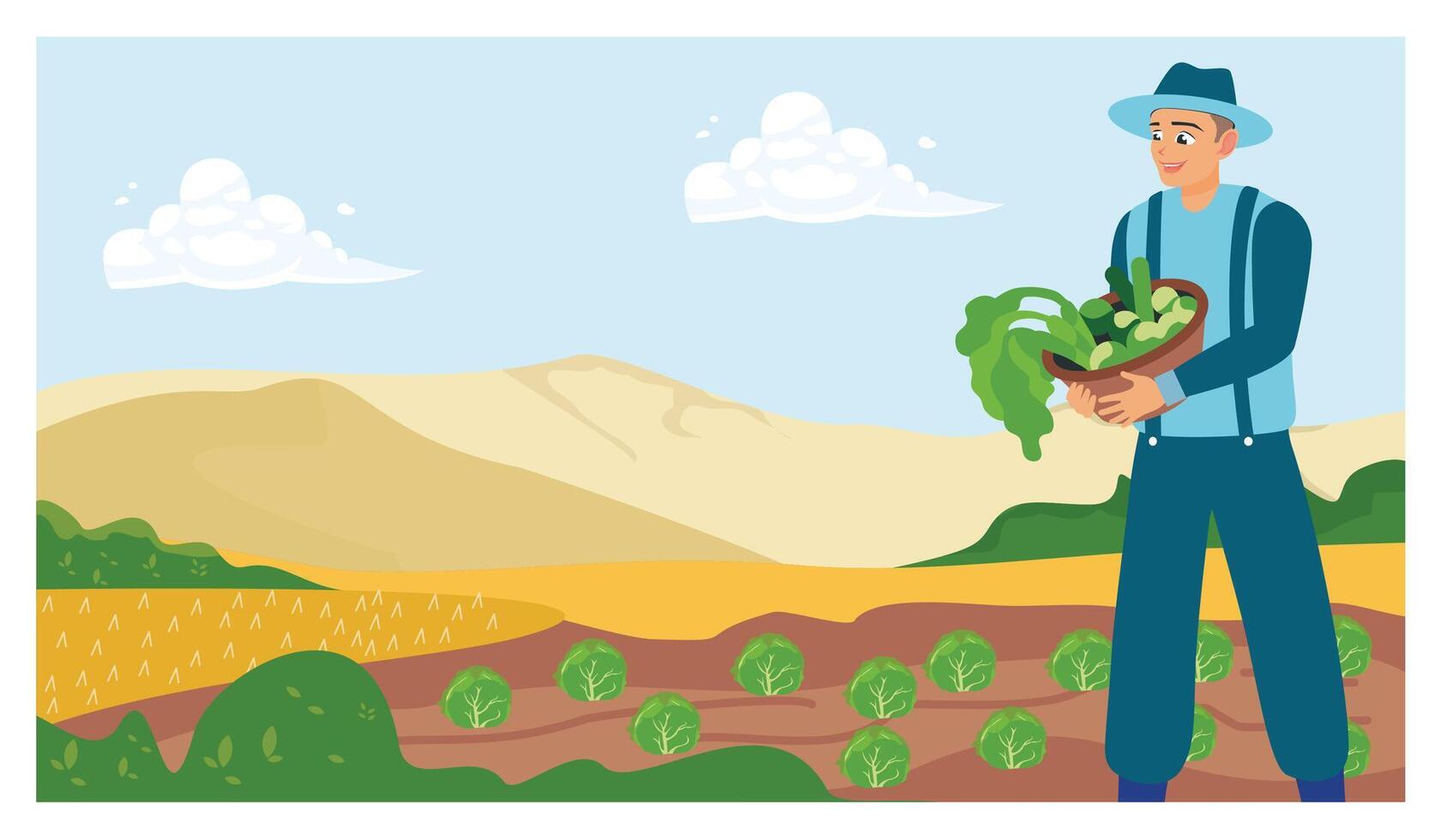 A farmer picks vegetables in a farm field. vector