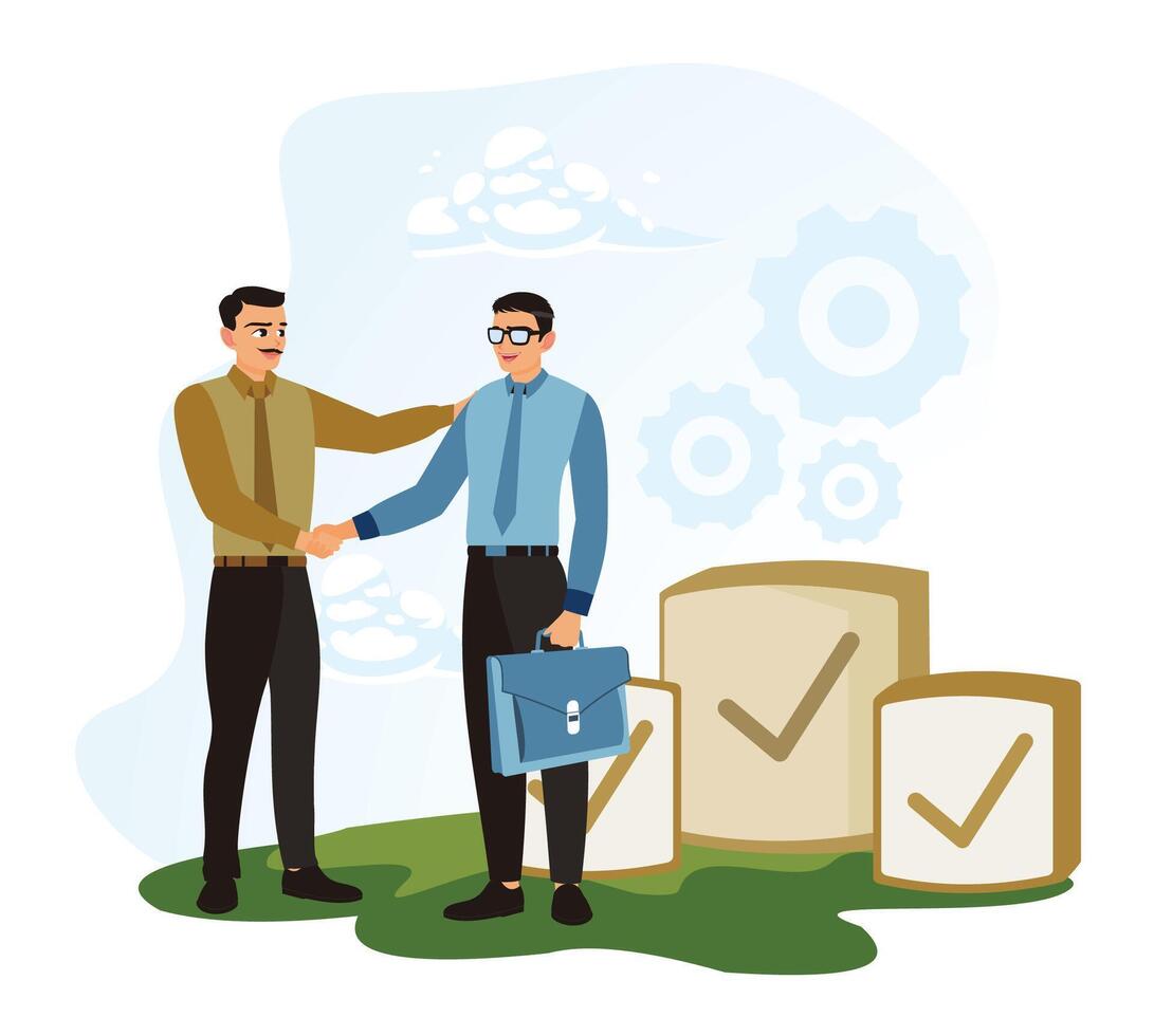 Business collaboration depicting handshake and professional partnership. vector