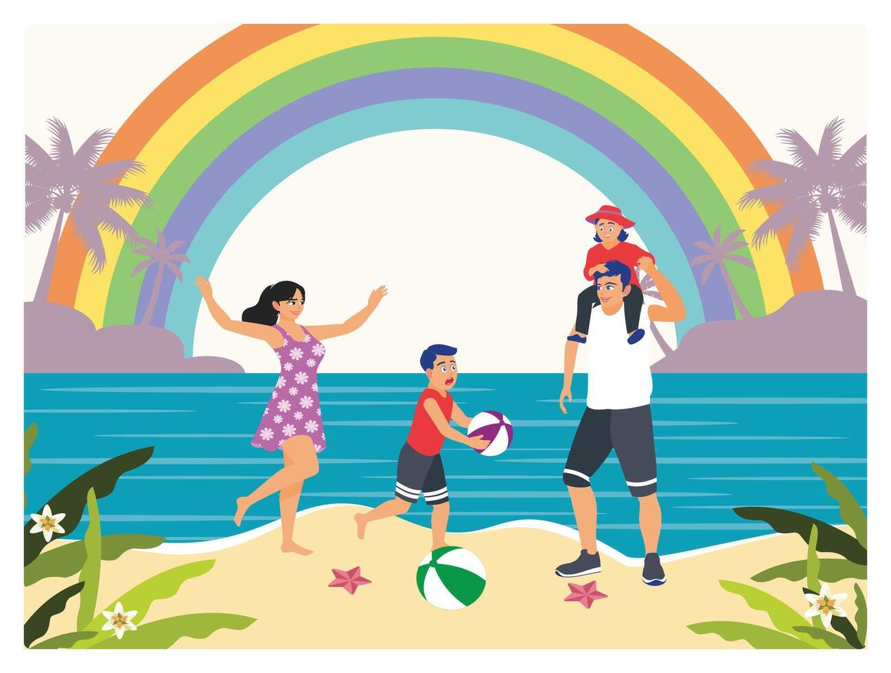 Happy Family Playing Beach Games Together Under a Beautiful Rainbow. vector